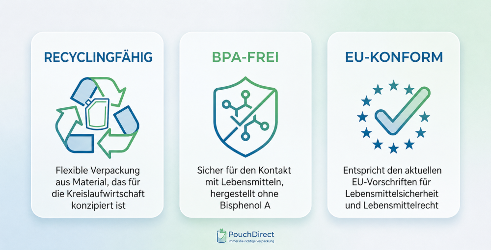 Symbole f&uuml;r Nachhaltigkeit und Verpackungsvorschriften: 100 % recycelbar, BPA-frei und EU-konform