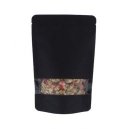 Standbodenbeutel Kraftpapier mit Fenster - Schwarz - 130x210+{40+40} mm (450-500ml)