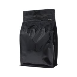 Flachboden-Kaffeebeutel mit Zip-verschluss - glanzend schwarz - 250 gr (140x210+{35+35} mm)