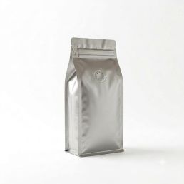Flachboden-Kaffeebeutel Limited Edition Matt Silver (valve + front zipper) 95x245+(35+35)mm
