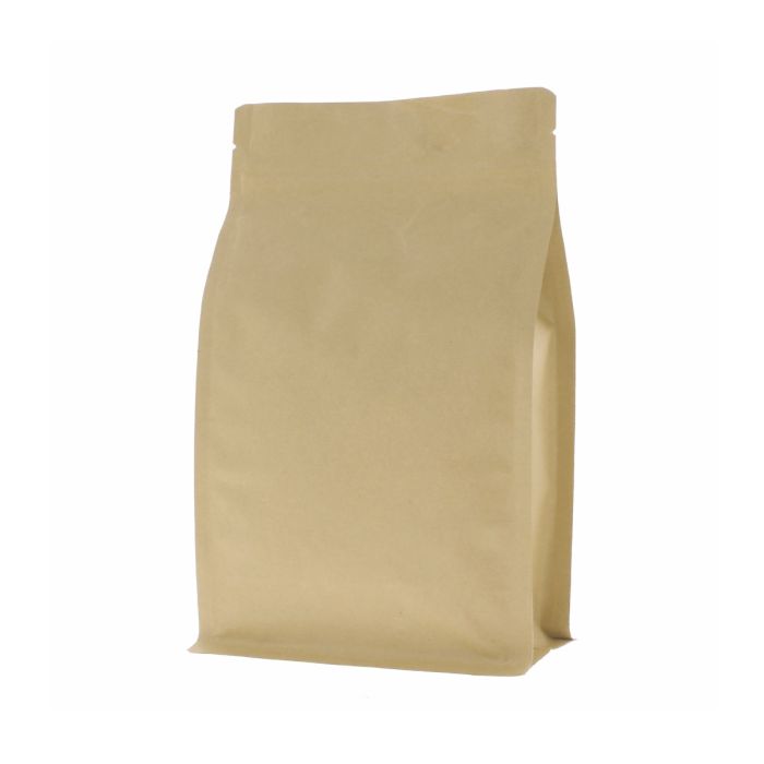 Brauner Kraftpapier Flachbodenbeutel mit Einreißkerbe und Druckverschluss.