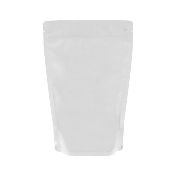 Mattweißer recycelbarer doypack mit Einreißkerbe und Druckverschluss.