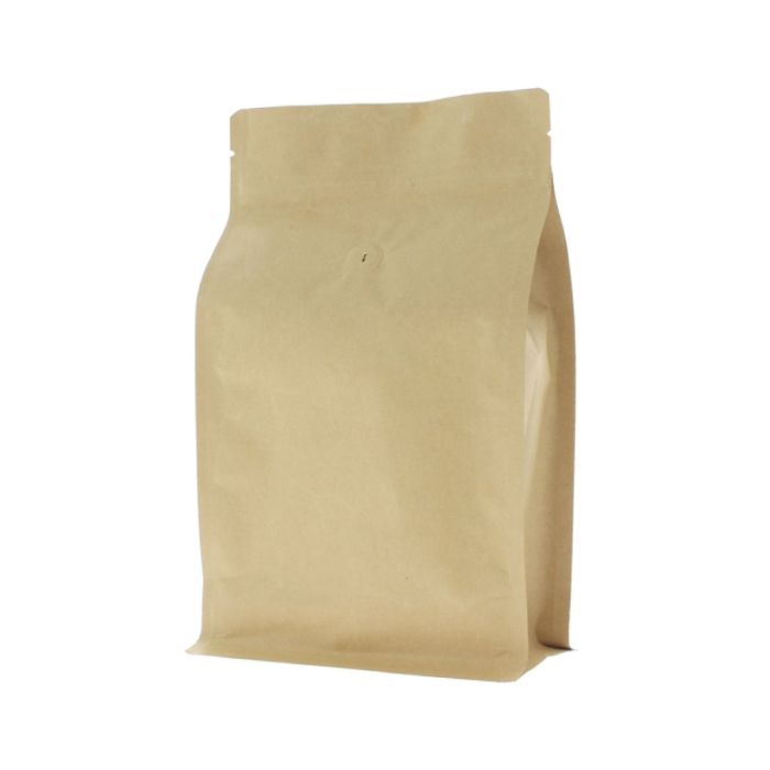 Brauner Kraftpapier Flachboden-Kaffeebeutel mit Ventil, Einreißkerbe und Druckverschluss.