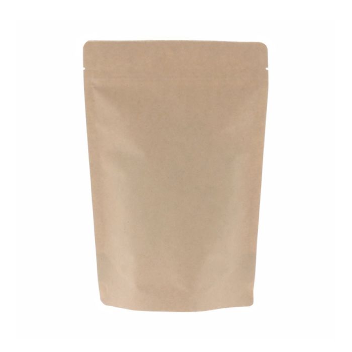 Brauner Kraftpapier-Doypack mit Einreißkerbe und Druckverschluss.