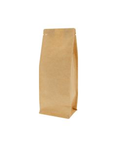 Brauner recycelbarer Kraft-Look Flachboden-Kaffeebeutel mit Ventil und Einreißkerbe.