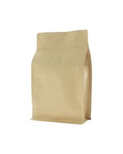 Brauner Kraftpapier Flachboden-Kaffeebeutel mit Ventil, Einreißkerbe und Druckverschluss.