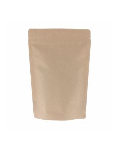 Brauner Kraftpapier-Doypack mit Einreißkerbe und Druckverschluss.