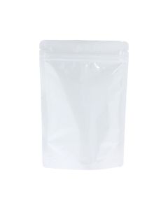 Glänzend weißer Doypack-Standbodenbeutel mit Einreißkerbe und Druckverschluss.
