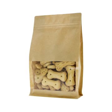 Brauner aluminiumfreier Kraftpapier Flachbodenbeutel mit Fenster und Frontzipper.