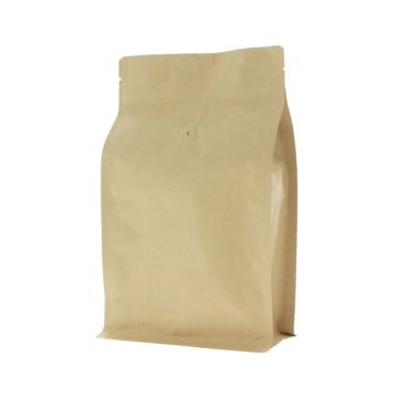 Brauner Kraftpapier Flachboden-Kaffeebeutel mit Ventil, Einreißkerbe und Druckverschluss.