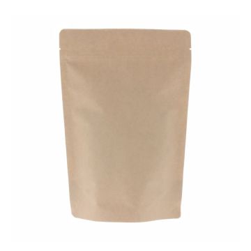 Brauner Kraftpapier-Doypack mit Einreißkerbe und Druckverschluss.