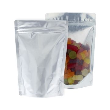 Transparenter und mattsilberner Doypack mit Einreißkerbe und Druckverschluss.
