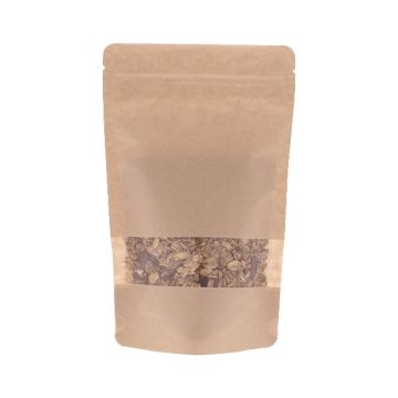 Brauner Kraftpapier Doypack mit Fenster, Einreißkerbe und Druckverschluss.