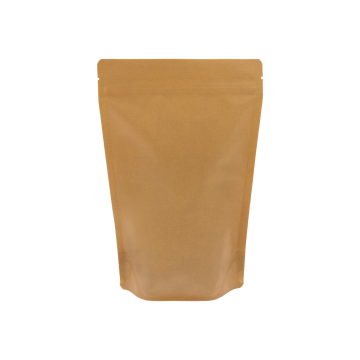 Brauner recycelbarer Kraft-Look Doypack mit Einreißkerbe und Druckverschluss.