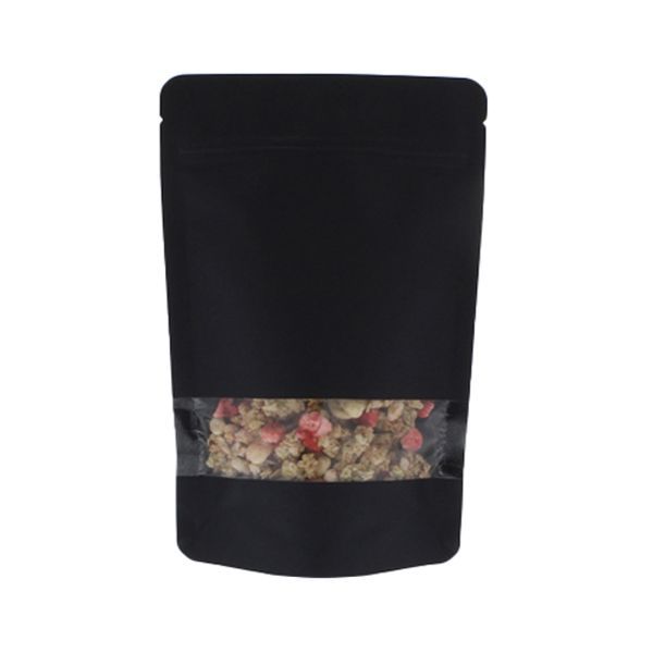 Standbodenbeutel Kraftpapier mit Fenster - Schwarz - 130x210+{40+40} mm (450-500ml)