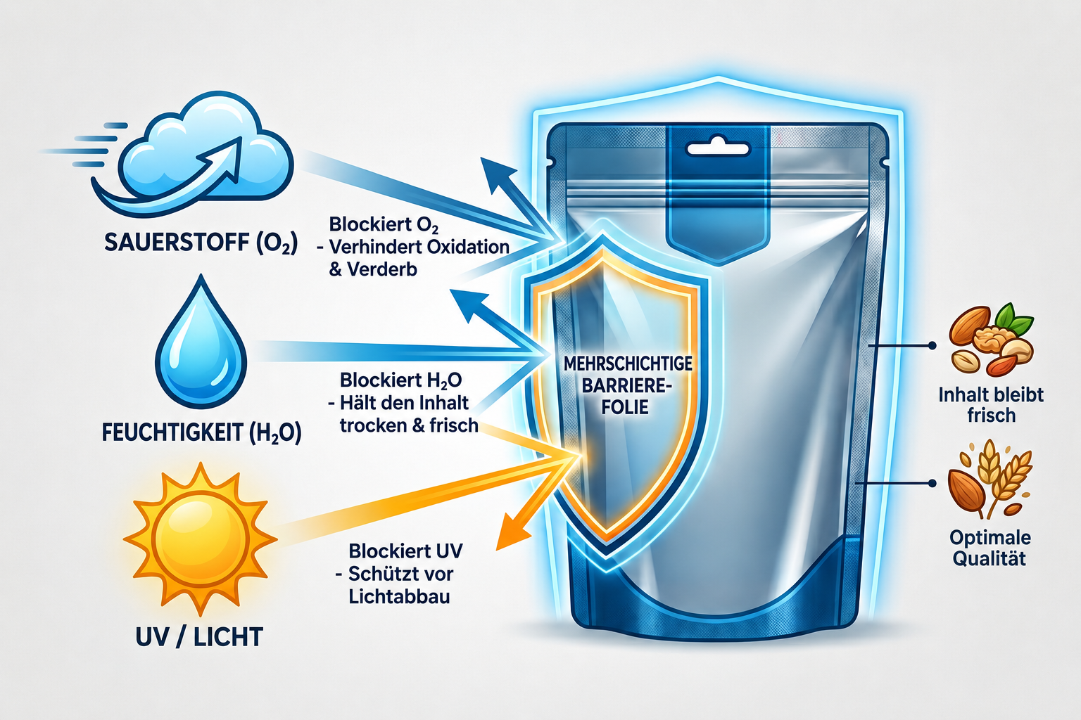 Infografik zur Funktionsweise von Barriereverpackungen: Eine mehrschichtige Folie blockiert Sauerstoff, Feuchtigkeit und UV-Licht f&uuml;r maximale Haltbarkeit